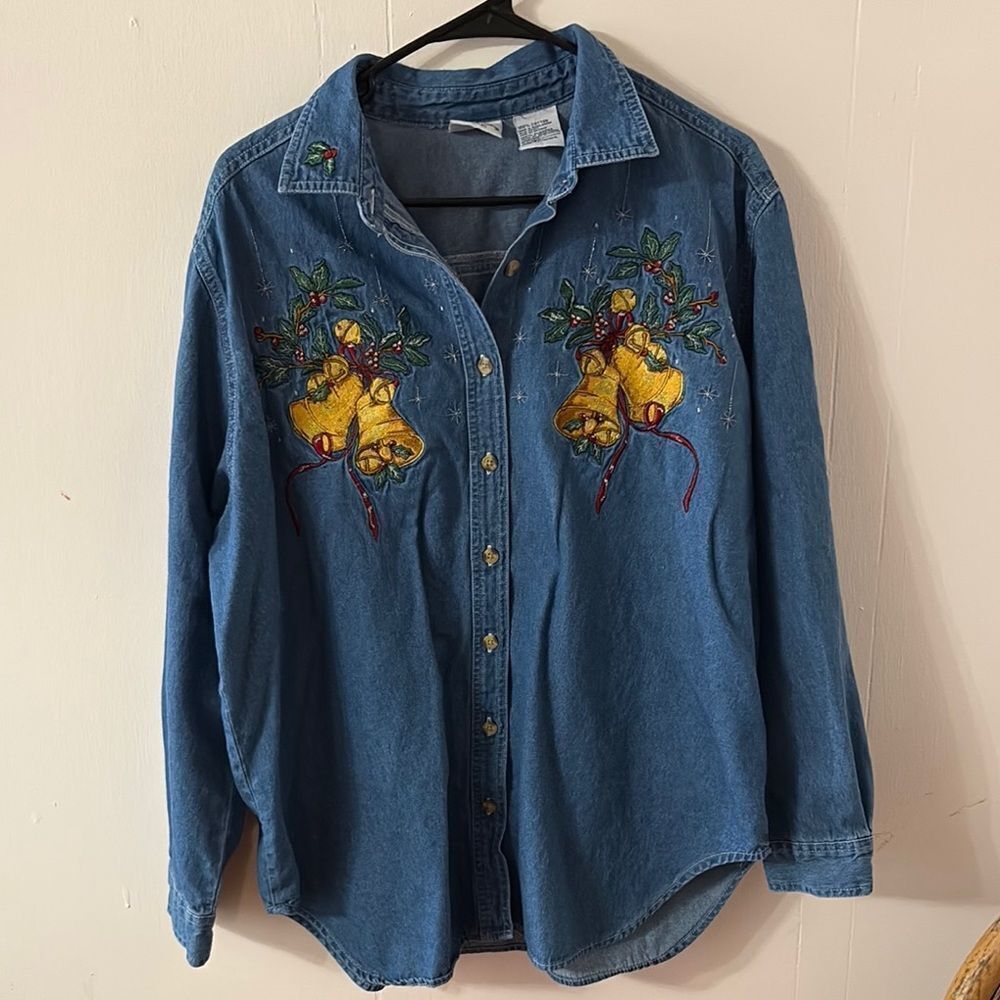 Christmas Vintage Denim Shirt with Yellow Bells